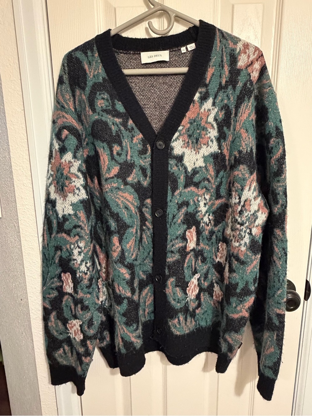 LES DEUX Floral Jacquard V-Neck Cardigan - Teal, Black & Pink